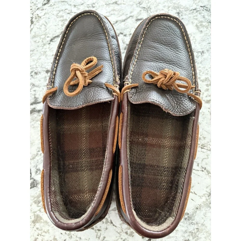 L.L.Bean Men's Brown Leather Moccasin Lace Up Plaid Lined Shoes 9W